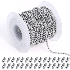 Silver bead chain on plastic spool with thirty matching metal connector clasps for DIY jewelry
