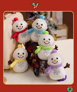 Detail of five mini snowman plush charms with colorful scarves and knit hats for Christmas