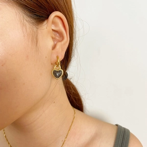 18K gold plated stainless steel earrings with heart pendant and black pave crystals