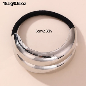 Detailed view of silver C-shaped metal hair tie showing weight 18.5g and 6cm diameter