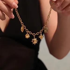 Bracelet À Breloques Acier Inoxydable Plaqué Or Pendentifs Soleil Papillon Fraise Réglable Bijoux Plage Été Pour Femmes