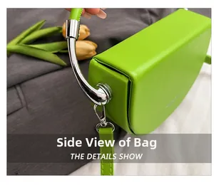 Detailed side view of the neon green saddle bag featuring metallic silver handle and glossy finish