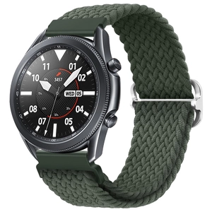 Macro detail of a green braided nylon strap on a black Samsung Galaxy smartwatch with dial info