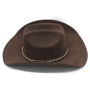 Detailed top view of a brown suede cowboy hat with a wide brim and woven trim band