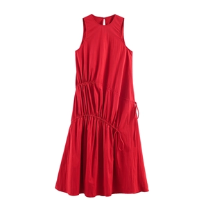 Robe Mi-Longue Sans Manches Col Rond Froncée Cordon Nœud Couleur Unie Polyester Coupe En A Décontractée Soirée Femmes