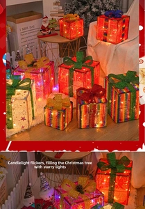 Close-up of glowing LED Christmas gift boxes with festive ribbons and warm holiday lighting