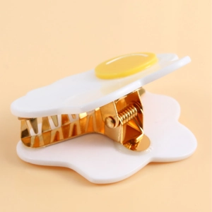 French style fried egg hair claw clip in white and yellow acrylic with metal spring