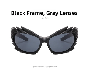 Detail of black futuristic hedgehog frame sunglasses with grey lenses for parties
