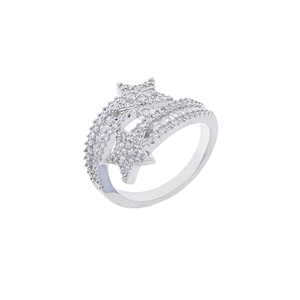 Detailed close-up of a silver ring featuring pave-set zircon stars and sparkling stones