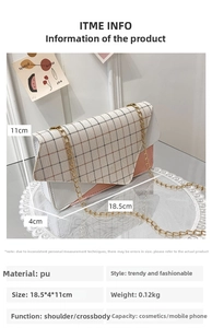 Pink and white checkered crossbody small square bag with product size specifications