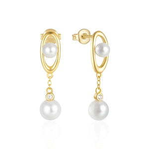 Detail of 925 silver pearl drop earrings with gold finish and zircon stones