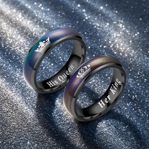 Anillo de Pareja de Acero Inoxidable Crown Her King His Queen Anillo de Humor Cambio de Color para Hombre Mujer Regalo de Joyería
