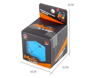 Blue magic cube puzzle in retail packaging with clear 6x6x9cm size dimensions