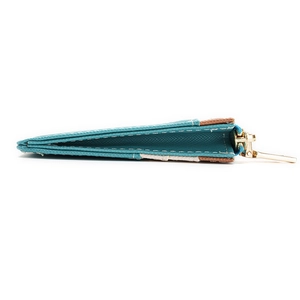 Slim RFID blocking mint green card holder with Saffiano leather texture and gold zipper