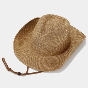 Brown sequin straw cowboy hat with adjustable chin strap for beach sun protection