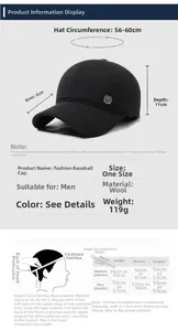 Men's wool baseball cap size chart with brim, depth and head circumference measurements