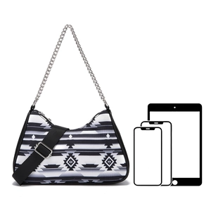 Aztec bohemian crossbody bag size comparison with tablet and phone silhouette icons