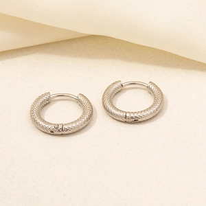 Macro view of silver hoop earrings with textured snake pattern in stainless steel