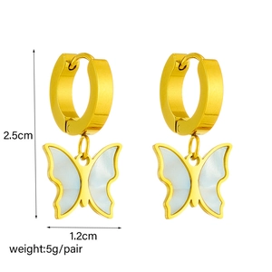 Golden butterfly hoop earrings with white shell pendants and dimension markings