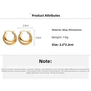 Detail view of double-layer gold hoop earrings with white rhinestones and size data