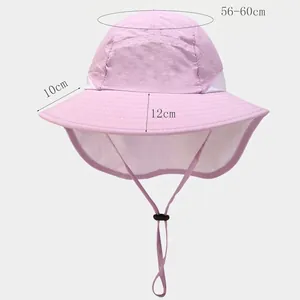 Pink sun hat with neck flap and mesh panels showing size chart for hiking and fishing