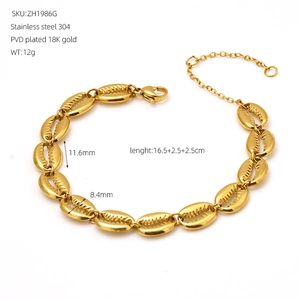 Detailed view of 18k gold plated shell link bracelet made of 304 stainless steel