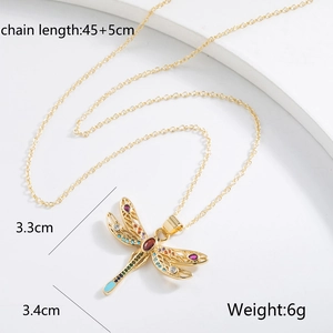 Detailed dragonfly necklace dimensions showing 3.3cm pendant width and 45+5cm chain