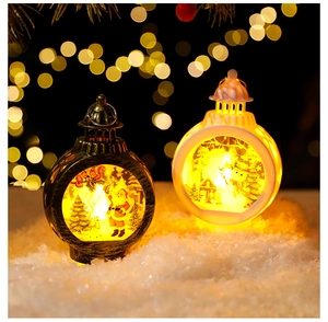Detail of bronze and white Christmas lanterns with LED candles on artificial snow