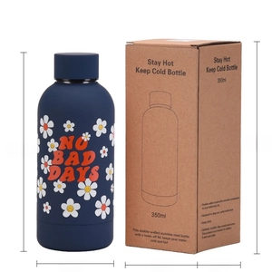 Navy blue 350ml stainless steel insulated water bottle with white daisy and gift box