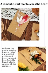 Close-up of handmade kraft greeting card with dried rose and eucalyptus flower bouquet
