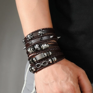 Men's punk multilayer leather bracelet with skull and infinity symbol charms
