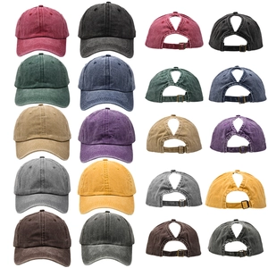 Multi-color washed cotton ponytail baseball caps with adjustable metal buckle closure