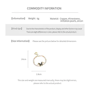 Detailed size chart for the gold plated butterfly pearl bracelet with exact measurements