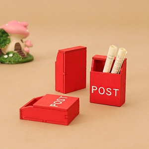 Three-piece red wooden miniature dollhouse post box set with newspapers and POST lettering