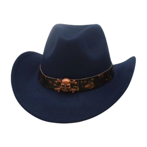 Detailed close-up of navy blue felt cowboy hat featuring bronze skull and crossbones leather band