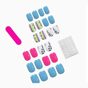 24-piece colorful line and leopard print press-on nails set with file and adhesive