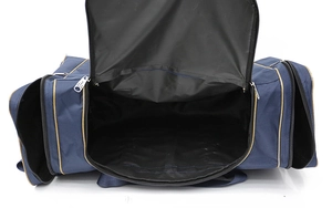 Top view of large capacity travel bag showing open main compartment and side pockets