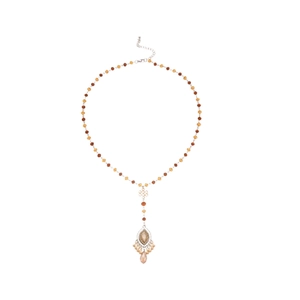 Vintage beaded crystal necklace with oval eye drop pendant and amber tones for women