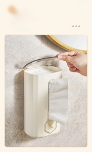 Wall-mounted cream facial tissue box with transparent lid and cross-shaped dispenser