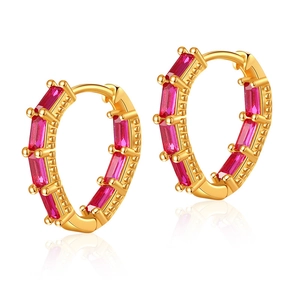 Detail of 18K gold plated hoop earrings featuring rectangular pink zircon stones