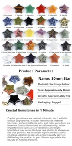 Detailed chart of 30mm star-shaped natural crystal stones in multiple mineral varieties