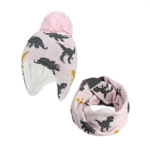 Pink toddler winter set with knit dinosaur earflap hat and fleece-lined infinity scarf