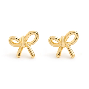 Polished gold bow earrings with a minimalist knotted ribbon design on white background