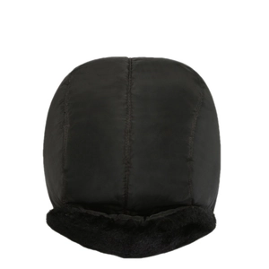 Winter bomber hat with thick fleece lining and black quilted fabric for cold weather