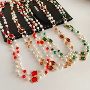 Vintage Multi Layer Artificial Pearl Necklace Gold Alloy Long Sweater Chain With Artificial Gemstone Palace Style For Women