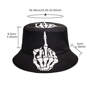 Reversible black bucket hat with white skeleton finger print and size specifications