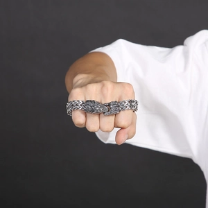 Rugged stainless steel viking wolf head bracelet with heavy vintage woven chain for men