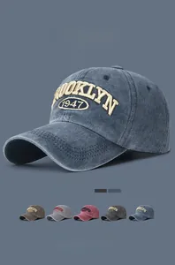 Close-up of Brooklyn 1947 3D embroidery on washed cotton vintage baseball cap