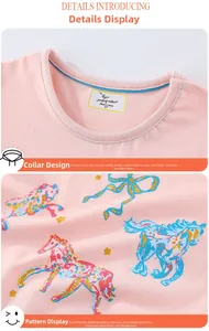 Detail of pink cotton T-shirt showing elastic crew neck and digital horse print