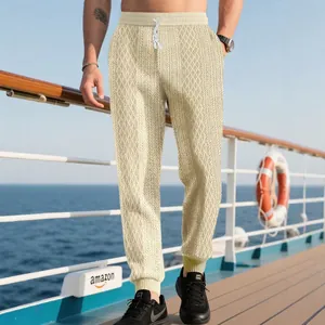 Men's jacquard jogger pants with geometric texture and drawstring in cream beige